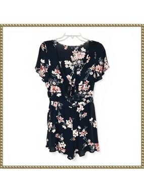 American Eagle Black Floral Romper Short Sleeve Large